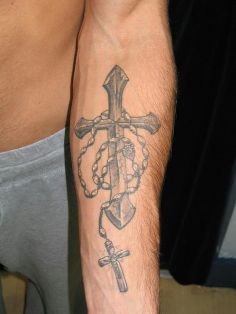 Cross With Rosary Tattoo Design, Rosary Tattoo For Men Arm, Rosary Forearm Tattoo, Cross And Rosary Tattoo, Cross With Rosary Tattoo, Arm Cross Tattoo, Arm Tattoos Cross, Rosary Tattoo Arm, Tattoo Partner