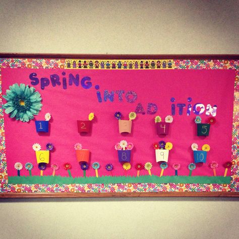 Spring into addition! Interactive bulletin board assignment Pre K Math Bulletin Board Ideas, Spring Math Bulletin Board Ideas, Learning Bulletin Board Ideas, Spring Math Preschool, Interactive Bulletin Board Ideas, Bulletin Board Ideas Elementary, Human Body Crafts, April Bulletin Boards, Math Bulletin Boards