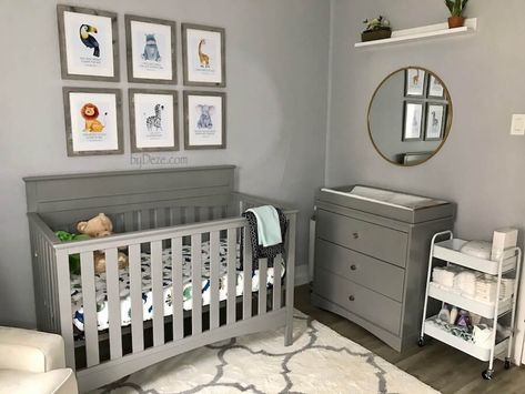 Small Grey Nursery Ideas, Nursery Ideas Grey Furniture, Nursery Ideas With Grey Furniture, Gender Neutral Grey Nursery, Plain Nursery Ideas, Gender Neutral Nursery Grey Crib, Crib Color Ideas, Grey Nursery Ideas Boy, Grey And Cream Nursery