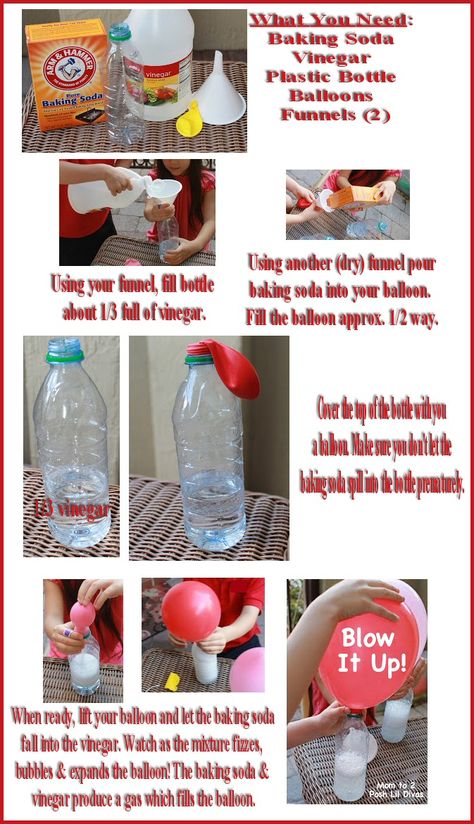 Super fun experiment for kids (and big kids). Blow up balloons with vinegar/baking soda. These will not float, but they do inflate. Inflate A Balloon With Baking Soda, Baking Soda Experiments, Balloon Experiment, Fun Experiments For Kids, Homeschool Science Experiments, Baking Soda Vinegar, Diy Science Experiments, Blowing Up Balloons, Science Birthday