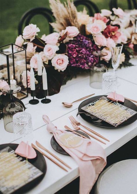 45 Ways To Dress Up Your Wedding Reception Tables 1 - Fab Mood | Wedding Colours, Wedding Themes, Wedding colour palettes Table Decorations Boho, Wedding Table Decorations Pink, Fall Wedding Tablescapes, Black Wedding Table, Wedding Reception Table Decorations, Birthday Table Decorations, Reception Table Decorations, Brunch Table, Table Setting Inspiration