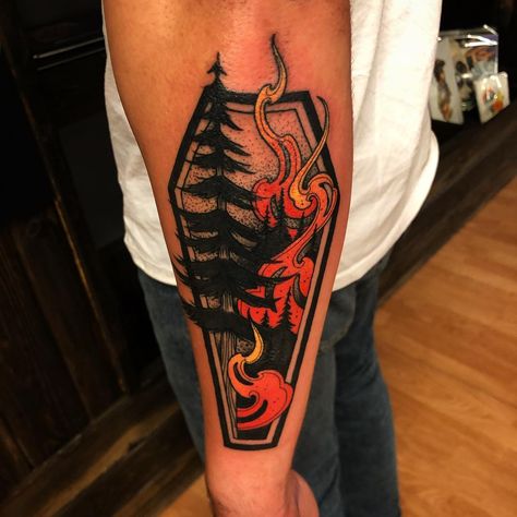 Chase Martines on Instagram: “Made this wildland firefighting coffin for Austin. Thanks for grabbing one on your way through town! #31coffins #coffintattoo #firefighter…” Wildland Firefighter Tattoo, Shock Mansion, Coffin Tattoo, Wildland Firefighting, Firefighter Tattoo, Fire Fighter Tattoos, Traditional Tattoo Flash Art, Brother Tattoos, Firefighter Wedding