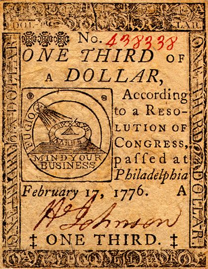 A Continental 1/3 dollar note from 1776. (Photo: Wikipedia/Public Domain) American Currency, Southern Colonies, Gold Dollar, Dollar Note, Colonial America, Wonder Years, American Independence, Thomas Jefferson, Us History