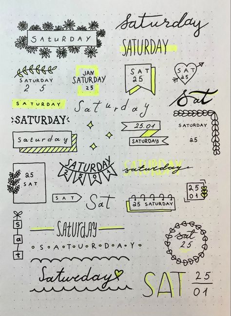 Hand lettering🌷 Hand Lettering Headers, Planner Fonts Hand Lettering, Date Header Ideas, Saturday Lettering, Cute Text Ideas, Journal Title Ideas, Cute Dividers, Frames Doodle, Fancy Notes