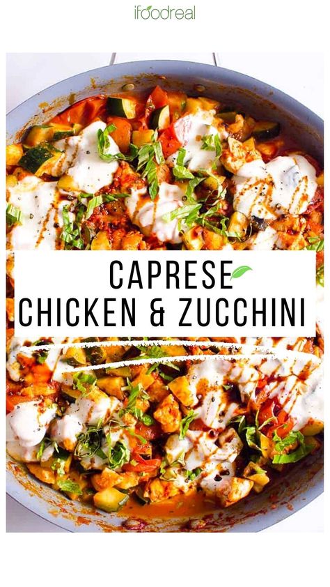 Caprese Chicken and Zucchini cooked in fresh tomato sauce, with melted buffalo mozzarella cheese on top and garnished with basil. Serve on its own for easy low carb dinner or with spaghetti for a family meal. Buon appetito! Chicken Zucchini Skillet, Zucchini Skillet, Chicken With Zucchini, Zucchini And Tomatoes, Chicken And Zucchini, Fresh Tomato Sauce, Buffalo Mozzarella, Chicken Zucchini, Caprese Chicken