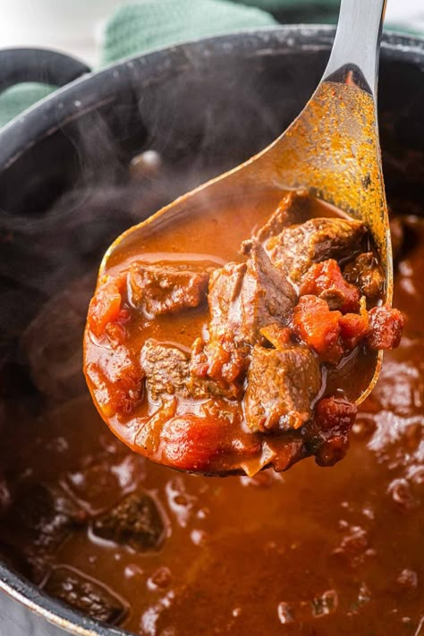 This texas chili recipe will be a crowd pleasing favorite! Tender stew meat cooked with smoky, savory spices, without beans is delicious and easy to make. Chili Recipe Texas Style, Beef Chili Without Beans, Beef Cube Chili Recipe, Chili Recipe Using Stew Meat, Beef Tips Chili Recipe, Steak Chili Recipe Stovetop, Beef Stew Chili Recipe Crockpot, Cubed Beef Chili, Chili With Stew Meat Crock Pots