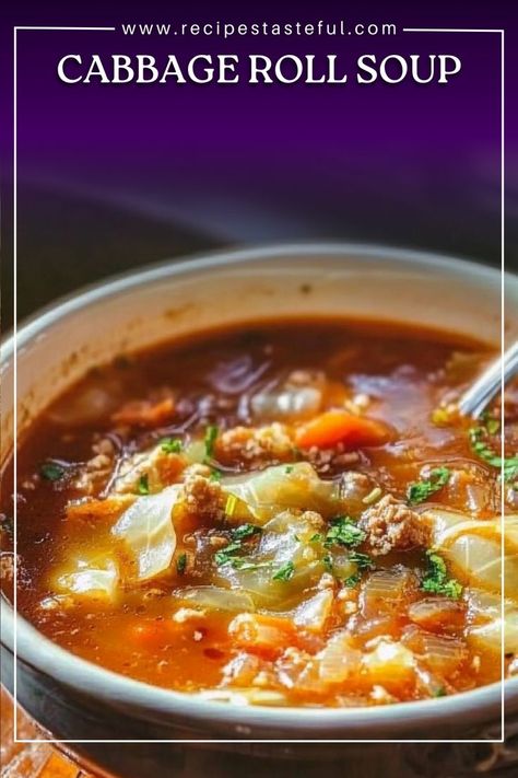 Cabbage Roll Soup turns classic cabbage rolls into a hearty, healthy soup that the whole family will love. Packed with flavorful veggies and comforting broth, this soup is a perfect weeknight dinner that is both gluten and dairy-free. Stuffed Cabbage Rolls With Tomato Soup, Vegan Cabbage Roll Soup, Stuffed Cabbage Roll Soup, Cabbage Roll Soup Crockpot, Stuffed Cabbage Soup, Soup With Cabbage, Healthy Cabbage Soup, Cabbage Soup Crockpot, Unstuffed Cabbage Soup