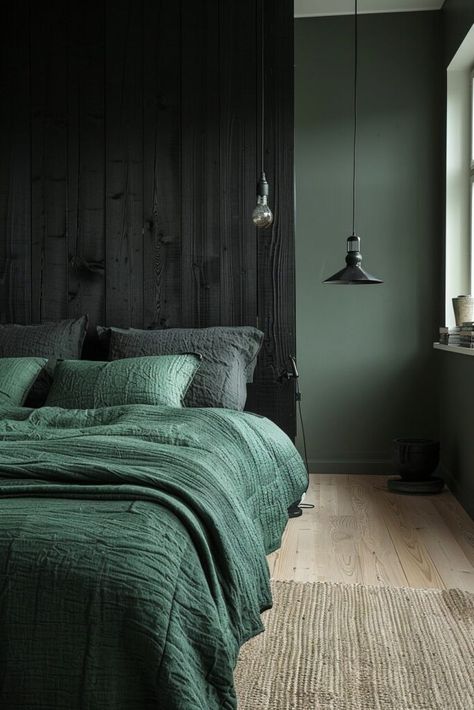 12 Black and Green Bedrooms for a Modern Look! - My Decor Inspo Black Bedroom Green Accents, Dark Grey And Green Bedroom, Green Teen Boy Bedroom, Olive Green And Black Bedroom, Green And Black House, Green Black And White Bedroom, Green Black Bedroom, Green Gray Bedroom, Green And Black Bedroom Ideas