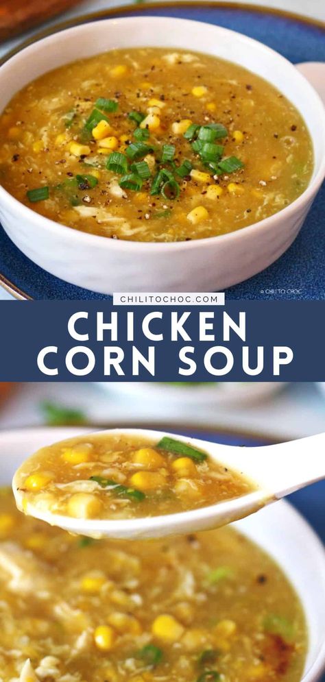 This easy Chicken Corn Soup is packed with shredded chicken, sweet corn and egg ribbons that all combine to ensure a hearty meal in 15 minutes. Chicken Sweet Corn Soup Recipe, Indo Chinese Food, Chinese Corn Soup, Egg Soup Recipe, Chicken And Sweetcorn Soup, Chinese Soup Recipes, Chicken Corn Soup, Corn Soup Recipes, Chicken Pumpkin