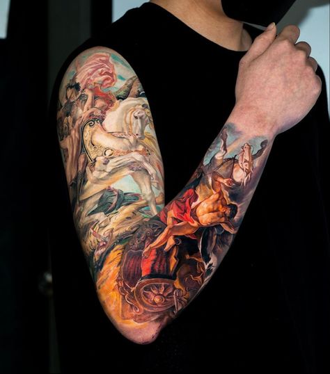 Mythology Tattoos Greek, Tattoos Greek, Arm Tattoos Color, Religion Tattoos, Colorful Sleeve Tattoos, Saint Tattoo, Yellow Tattoo, Evil Tattoos, Tattoo Techniques