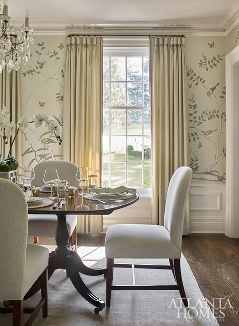 A Test of Time - Atlanta Homes and Lifestyles Atlanta Homes And Lifestyles, Dining Room Cozy, Dining Room Wallpaper, Silk Wallpaper, Dining Room Makeover, Atlanta Homes, The Dining Room, Dining Room Inspiration, Dining Room Walls