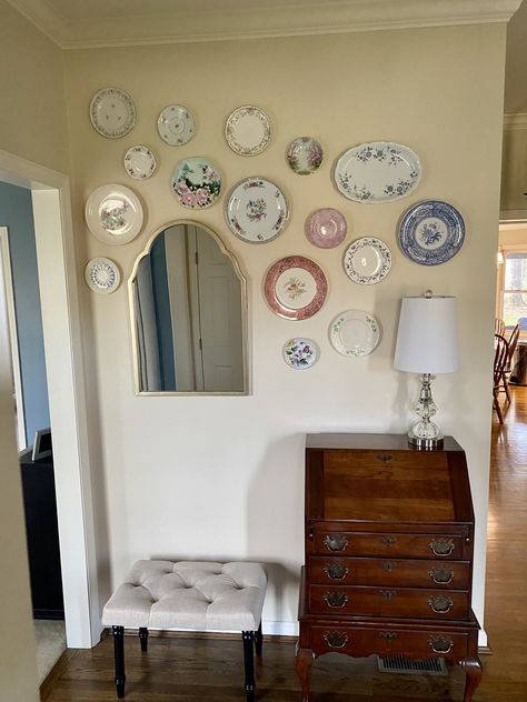 Plate wall decor, vintage plates, plate wall display Dishes Wall Decor, Bedroom Wall Decor Vintage, Glass Plate Wall Decor, Cottage Plate Wall, China Plate Wall Display, Vintage Plate Wall Decor, How To Fill Wall Space Bedrooms, China On Wall, Plate Wall Kitchen