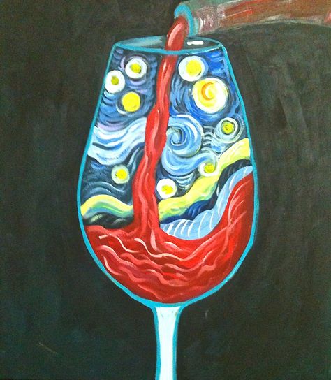 Van Gogh Wine glass Painting Arte Indie, Wine Painting, Cute Canvas Paintings, The Starry Night, Soyut Sanat Tabloları, Van Gogh Art, Wine Art, Hur Man Målar, Halloween Painting