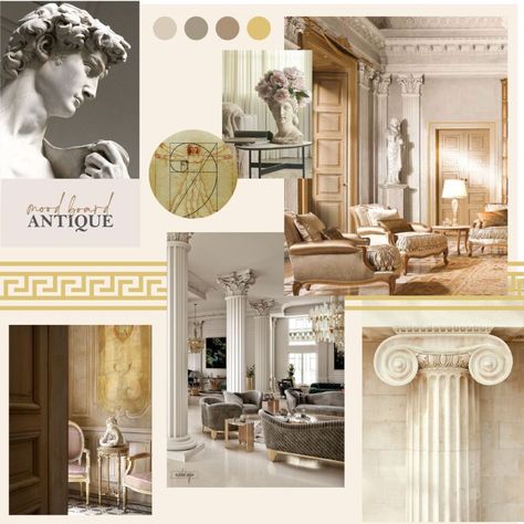 Antique style mood board | interior design Concept Mood Board Interior Design, Renesance Interior Design, French Interior Mood Board, Greek Roman Interior Design, Neo Interior Design, Greek Antique Furniture, Classic Antique Interior Design, Roman Style Interior Design, Neoclassical Style Interior Design