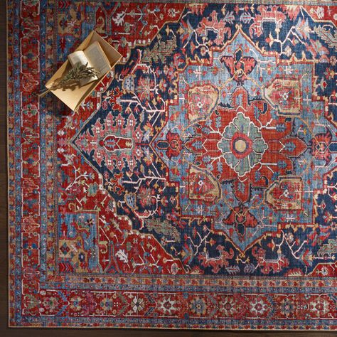 Langley Street Fleckenstein Oriental Dark Blue/Burgundy/Cream Area Rug & Reviews | Wayfair Bright Area Rug, Contemporary Lodge, Cowhide Cushions, Bed Rug, Updated Traditional, Artisan Rugs, Cream Area Rug, Modern Traditional, Red Area Rug