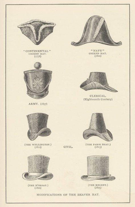 Mens regency hats. Types Of Mens Hats, 18th Century Hats, 19th Century Men, Beaver Hat, Fur Trade, Types Of Hats, Regency Fashion, Different Hats, Hat Types