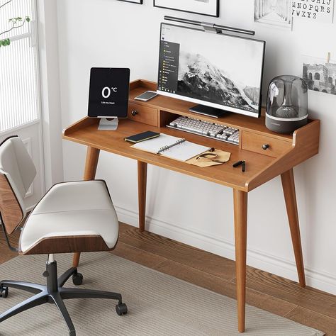 Wood Home Office, Desk With Monitor Stand, Desk With Monitor, Elegant Home Office, Small Computer Desk, Storage Cubby, Wood Computer Desk, Mid Century Modern Desk, Mid Century Modern Wood