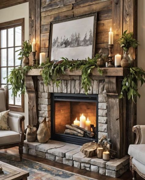 Farmhouse Fireplace Decor, Fireplace Mantle Decor, Fireplace Mantel Decor, Farmhouse Fireplace, Rustic Fireplaces, Fireplace Remodel, Deco Boheme, Barn Style House, Home Fireplace