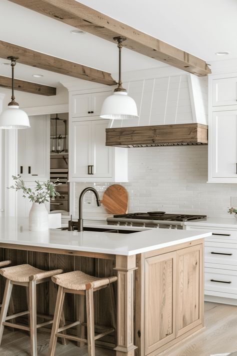 Find the perfect balance between harbor-inspired elements and farmhouse kitchen style with these design tips. Kitchen Wood Island Ideas, Modern Farmhouse Coastal Kitchen, Wooden Farmhouse Kitchen, Natural Wood Kitchen Island Farmhouse, Farmhouse Kitchen Color Scheme Ideas, Modern Farmhouse Kitchen White Cabinets, Country Style Kitchen Farmhouse, Farm Style House Interior, Farm Kitchen Ideas Farmhouse Style