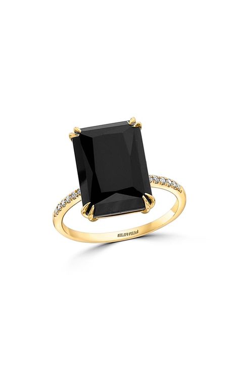 EFFY 14K Yellow Gold Diamond Trim Onyx Ring - 0.05 ctw | Nordstromrack Faux Diamond Rings, Emerald Cut Black Diamond Ring, Black And Gold Ring, Black Stone Ring Engagement, Speakeasy Wedding, Gold Band Diamond Ring, Vintage Onyx Ring, Gold Band Engagement Rings, Black Sapphire Ring