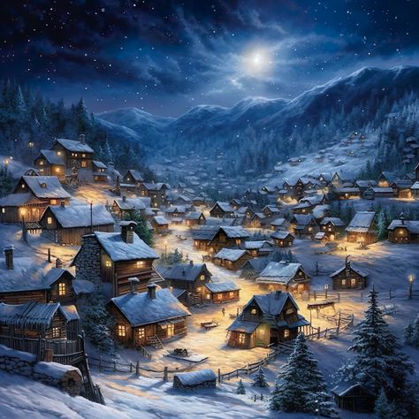 Frozen Background, Town Drawing, Village Drawing, Snowy Evening, Mountains At Night, Snowy Village, Winter Drawings, Fantasy Village, Mountain Landscape Photography