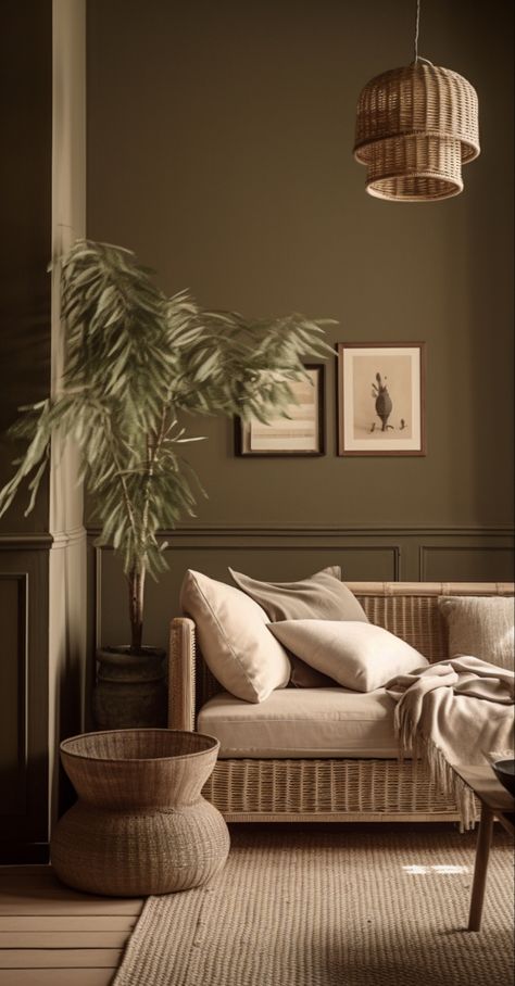 Earthy brown walls with a soft cream-colored linen sofa, rattan accents, and muted green foliage. Olive Green Interior Design, Olive Green Interior, Brown Walls Living Room, Rattan Accents, Sofa Rattan, Muted Earth Tones, Olive Green Walls, Green Interior Design, Living Hall