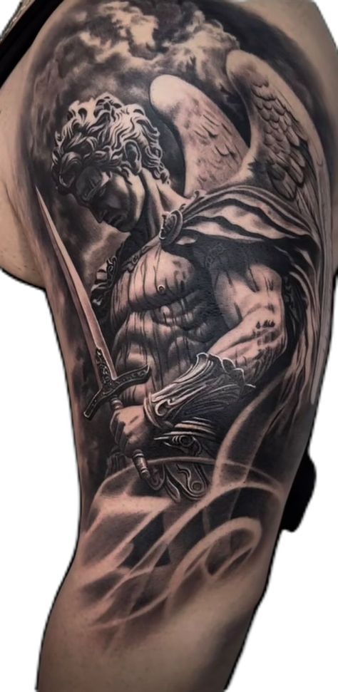 Men Statue Tattoo, Angel Statues Tattoo, Gladiator Angel Tattoo, Angel Half Sleeve Tattoo Men, Quarter Sleeve Tattoo For Men Shoulder, God Sleeve Tattoos For Men, Angel Tattoos Men, God Forearm Tattoo Men, Christian Shoulder Tattoo For Men