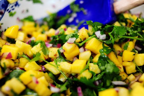 mango pineapple salsa!  But I added fresh garden tomatoes and we had it on top of our grilled pork tacos for dinner! Summer Bbq Menu, Pineapple Mango Salsa, Mango Pineapple Salsa, Mango Salsa Recipes, Bbq Menu, Pineapple Salsa, Pioneer Woman Recipes, Mango Salsa, Salsa Recipe