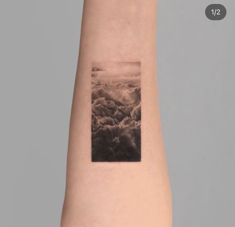 Cloud Cover Up Tattoo, Cloudy Sky Tattoo, Clouds Tattoo For Men, Dark Cloud Tattoo, Tattoo Idea Family, Realism Nature Tattoo, Tattoo Fog, Marsh Tattoo, Tattoo Map