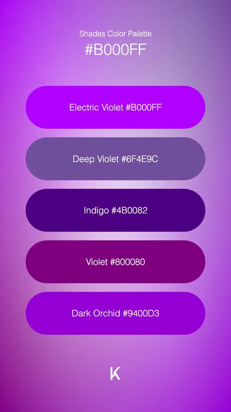 Shades Color Palette Electric Violet #B000FF · Deep Violet #6F4E9C · Indigo #4B0082 · Violet #800080 · Dark Orchid #9400D3 Electric Purple Color Palette, Dark Orchid, Electric Purple, Purple Color Palettes, Hex Color Palette, Blue Colour Palette, Vibrant Energy, Hex Colors, Clothing Ideas