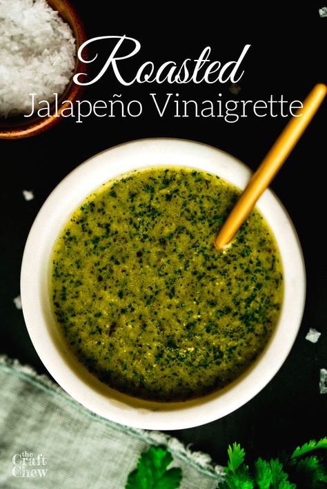 This Roasted Jalapeño Vinaigrette is perfectly spicy, full of garlic, lime and fresh cilantro 🥗 Great on greens! Pour it on tacos 🌮 Meat, potatoes 🥔 Whatever your little taste buds desire! Check out the full recipe at TheCraftChew.com Spicy Cilantro Lime Dressing, Spicy Vinaigrette Dressing, Jalapeno Lime Vinaigrette, Jalapeno Vinaigrette, Chili Lime Vinaigrette, Cilantro Salad, Roasted Jalapeno, Lime Vinaigrette, Lime Sauce