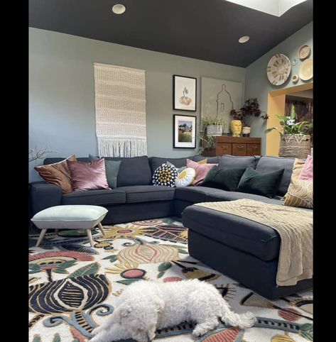 U Couch, Gray Sectional Living Room, Dark Grey Couch Living Room, Colorful House, Grey Couch, Grey Couch Living Room, House Redo, Colorful Home Decor, Grey Sectional