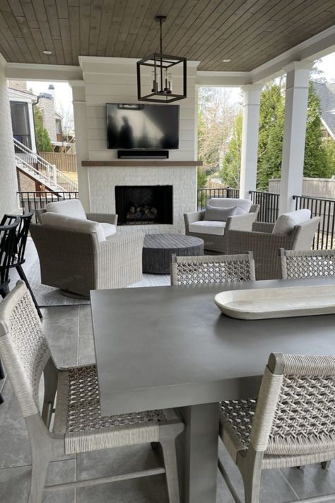 Transform your outdoor patio spaces into inviting retreats with this curated collection. From cozy fire pits to sleek dining areas, discover endless possibilities to elevate your outdoor living experience. Redefine outdoor living with style and comfort. #OutdoorPatio #PatioSpaces #OutdoorLiving #OutdoorDecor #OutdoorDesign #PatioIdeas #OutdoorStyle #OutdoorEntertaining #OutdoorFurniture #PatioInspiration DIY Home Design Home Decor Home Inspo Nails Iphone Background Moody Barnhouse Home Decor Screen Porch With Fireplace And Tv, Outdoor Fireplace For Deck, Covered Deck Roof Ideas, Lania Ideas Outdoor Living, Outdoor Fireplace And Tv, Pergula Ideas, Outdoor Spaces Diy, Pool Sheds, Covered Back Porch