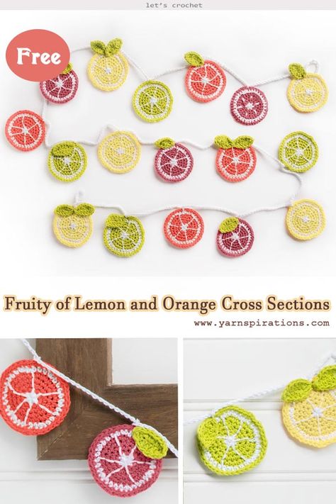 Crochet Citrus Bunting Free Pattern Crochet Summer Decor, Summer Garland Ideas, Crochet Fruit Garland, Crochet Flower Garland Pattern Free, Crochet Garland Pattern, Crochet Summer Garland Free Pattern, Summer Garland, Crochet Garlands, Citrus Crochet