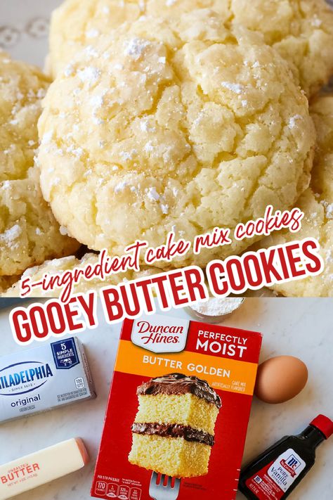 Ooey Gooey Butter Cookies, Butter Cake Cookies, Cake Box Cookies, Recipes Using Cake Mix, Easy Cookie Recipe, Boxed Cake Mixes Recipes, Gooey Butter Cookies, Cake Mix Desserts, Gooey Cookies