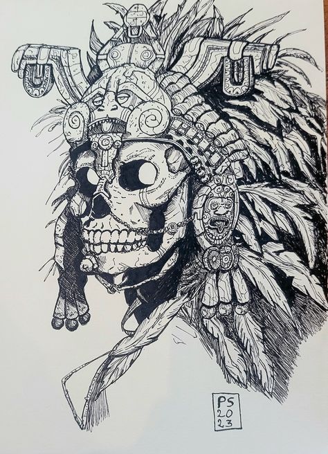 Aztec ink drawing Aztec Warrior Drawing, Drawing Dead, Skull Crushers, Aztec Drawing, Aztec Artwork, Ancient Mexico, Pen Work, Cave Drawings, Warrior Drawing