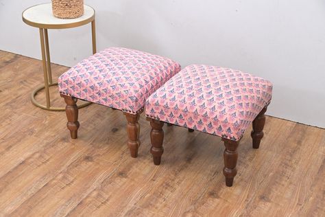 Set of 2 Handmade Acacia Wood Ottomans with Hand Block Printing & Quilting | Solid Wood Pouf Stools | Decorative Upholstered Footstools Add a touch of tradition and elegance to your home with our set of two decorative handmade Acacia wood ottomans. These versatile pouf stools feature exquisite hand block printed upholstery and quilting, functioning as ottomans, footstools, or stylish accents in any living space. Ideal for those who appreciate Moroccan, bohemian, or vintage decor styles, these pouf stools are unique additions to your furniture collection. Features: Material: High-quality Acacia wood and hand block printed fabric with quilting Dimensions: 40 x 40 x 35 CM (16" x 16" x 14" Inches) Style: Moroccan, Bohemian, Vintage, Victorian, Western Color: Multi-colored upholstery with intri Wood Ottoman, Upholstered Footstool, Fabric Ottoman, Block Printing Fabric, Acacia Wood, Furniture Collection, Vintage Decor, Living Furniture, Block Print