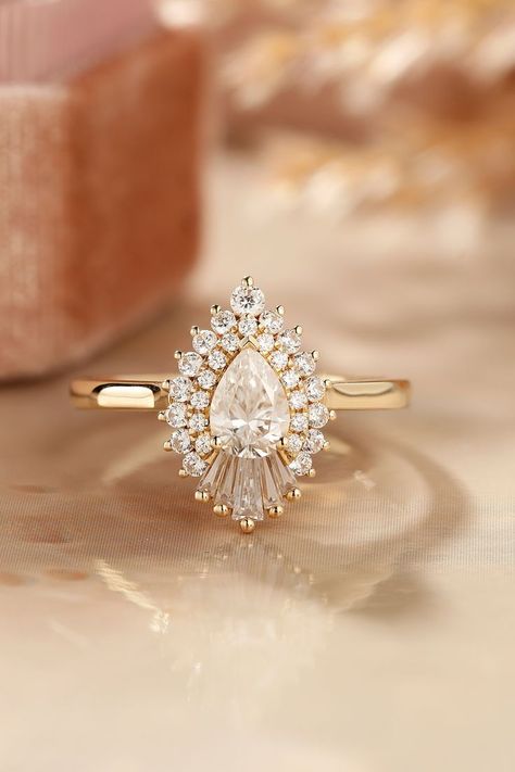 Ballerina Engagement Ring, Pear Engagement Ring Halo, Pear Shaped Diamond Engagement Rings, Halo Wedding Set, Sunburst Ring, Double Halo Ring, Unique Ring Designs, Dream Wedding Ring, Pear Shaped Ring