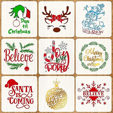 Painting On Tiles, Christmas Name Tags, Painting Stencils, Stencils For Painting, Farmhouse Wood Sign, Tile Stencil, Christmas Stencils, Christmas Painting, Wall Canvas Painting