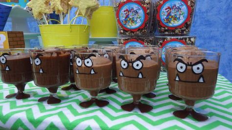 Pudding cups at a Super Mario birthday party! See more party ideas at CatchMyParty.com! Mario Pudding Cups, Goomba Pudding Cups, Mario Party Birthday, Super Mario Brothers Party, Mario Brothers Birthday Party, Mario Kart Party, Nintendo Party, Mario Theme, Super Mario Bros Birthday Party