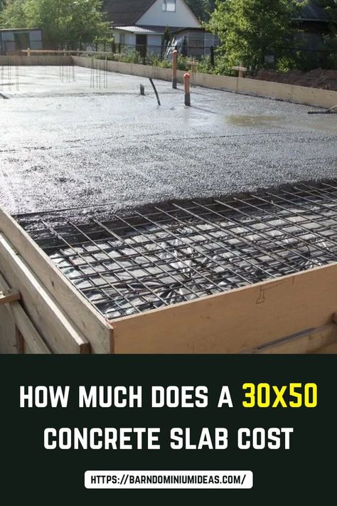 The base cost of material for a 30×50 concrete slab is between $2.83 and $5.47 per square foot. The total cost may range from $4,245 to $8,205. However, hiring a contractor may cost between $6 and $8 per square foot, bringing the price range to $9,000 to $12,000. The biggest cost is the material. Backyard Cement, Diy Concrete Slab, Pouring Concrete Slab, Concrete Finishing, Quonset Hut Homes, Concrete Garage, Quonset Hut, Types Of Concrete, Concrete Stained Floors