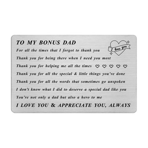 PRICES MAY VARY. Step Dad Gifts from Daughter - As a thank you step-dad gifts from daughter or son on birthday, Christmas, father's day, thanksgiving, wedding day, valentine's day, easter, new year, Xmas or just a daily presents for step dad. Best bonus dad ever. Best Bonus Dad Gifts - The step dad wallet insert card engraved with sentimental words "For all the times I forget to thank you...you are not only a dad but more than a hero to me, I love you & appreciate you always" which is a awesome Quotes For Step Dads, Stepdad Quotes From Daughter, Step Dad Quotes From Daughter, Step Dad Quotes, Dad Presents, Dad Gifts From Daughter, Dad Wedding Gift, Bonus Dad Gifts, Thanksgiving Wedding