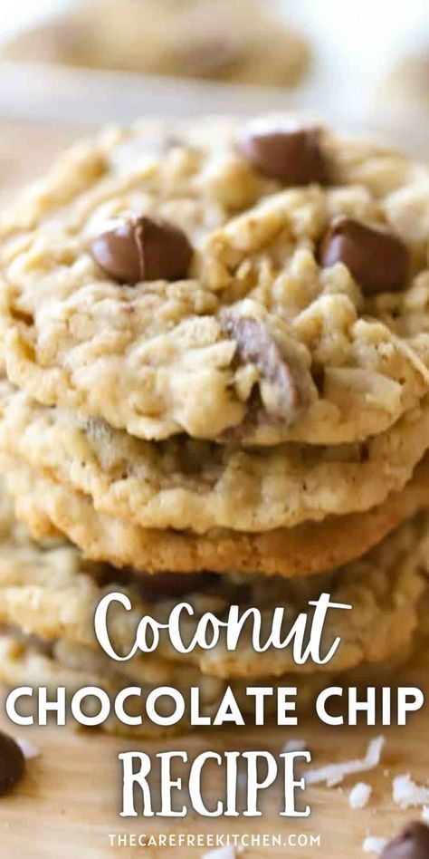 Easy Oatmeal Chocolate Chip Cookies, Chocolate Chip Coconut Cookies, Butter Crunch Cookies, Oatmeal Chocolate Chip Cookie Recipe, Coconut Cookies Recipes, Oatmeal Coconut Cookies, Coconut Chocolate Chip Cookies, Coconut Oatmeal, Coconut Chocolate