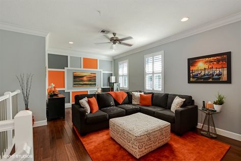 Grey And Burnt Orange Living Room, Burnt Orange Living Room Decor, Grey And Orange Living Room, Black Grey Living Room, Burnt Orange Living Room, House Themes, Dark Grey Living Room, Panel Molding, Orange Theme