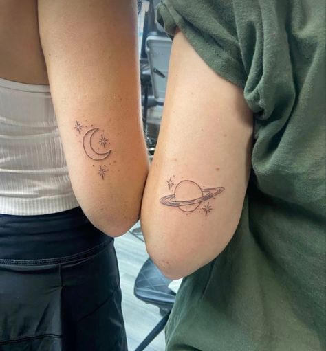 Love You From The Moon To Saturn Tattoo, Love U To The Moon And To Saturn Tattoo, Sun And Saturn Tattoo, Noon And Saturn Tattoo, Love You To The Moon And To Saturn Matching Tattoo, Love You To The Moon And To Saturn Art, Moon And Saturn Matching Tattoo, Moon To Saturn Tattoo, Cosmic Love Tattoo