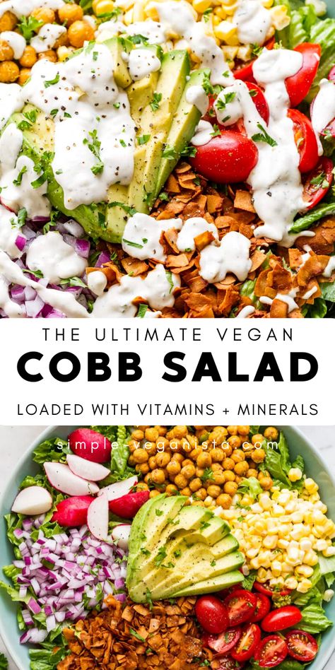 Bacon Chickpeas, Vegan Cobb Salad, Cobb Salad Recipe, Clean Eating Vegetarian, Creamy Dressing, Vegan Bacon, Vegan Salad Recipes, Vegan Menu, Vegan Meal Prep