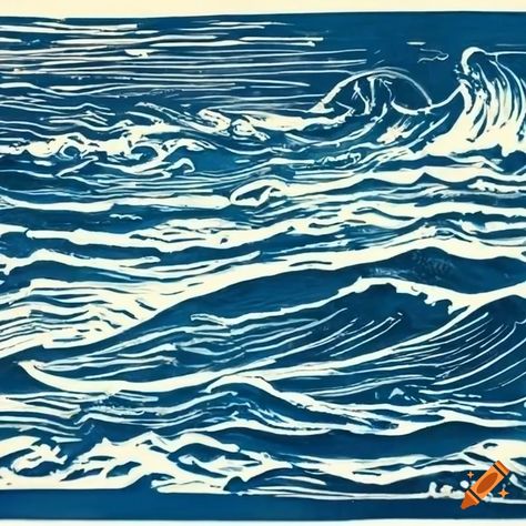 Linocut artwork of ocean waves on a beach on Craiyon Ocean Printmaking, Linocut Ocean, Beach Linocut, Linocut Ideas, Batik Ideas, Wave Illustration, Unique Images, Ocean Scenes, Unique Image