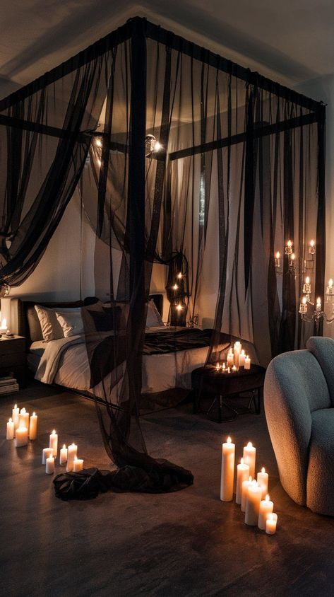 Gothic Romance Aesthetic Bedroom, Candlelit Bedroom Romantic, Romantic Rooms Ideas, Bedroom Goals Luxury, Light Modern Bedroom Ideas, Room With Canopy Bed Bedroom Ideas, Black Luxury Bedroom Ideas, Black Bedroom For Women, Studio Style Bedroom