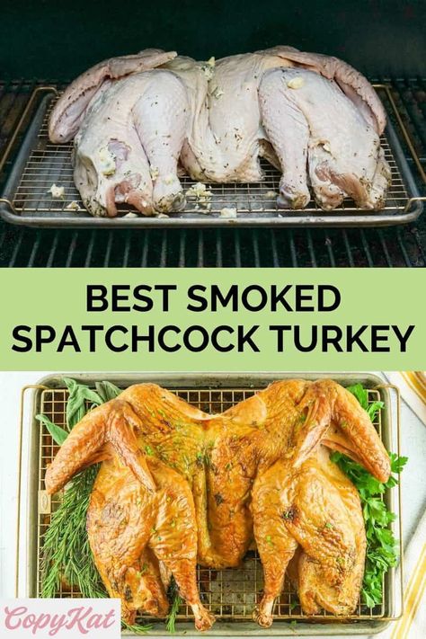 Smoked Spatchcock Turkey is juicy and incredibly flavored. Get the easy recipe and find out how to make the best smoked spatchcock turkey. A brine keeps it juicy while smoking and herb compound butter adds to the smoke flavor. A tasty turkey to make in a smoker for Thanksgiving. Perfect for an electric smoker or pellet grill like Traeger or Pit Boss. Pellet Smoker Spatchcock Turkey, Spatchcock Turkey On Traeger Grill, Smoked Turkey On Traeger, Spatchcock Smoked Turkey Traeger, Traeger Spatchcock Turkey, Spachocked Turkey Smoked, Spatchcock Turkey Pellet Grill, Spatchcock Turkey Smoked Traeger, Smoked Spatchcock Turkey Pellet Grill