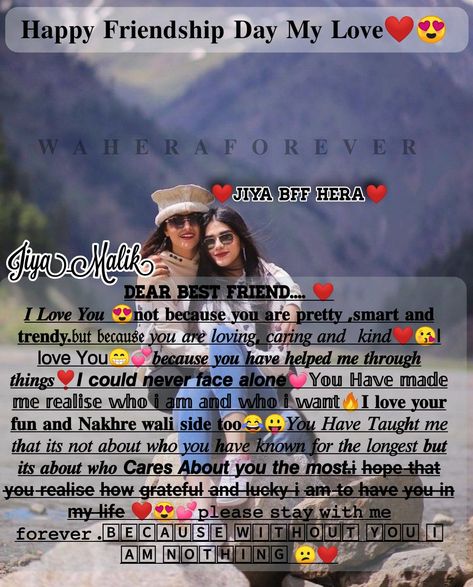 #Jiyamalik#hera#besties#bff#wahera#forever#love you#friendship day#dost #yaar #jaan#together forever💕 Friendship Day Wishes Best Friends, One Year Of Togetherness, Quotes Bestie, Friendship Day Wishes, Birthday Quotes Funny For Him, Dear Best Friend, Happy Friendship Day, Happy Friendship, Friendship Day